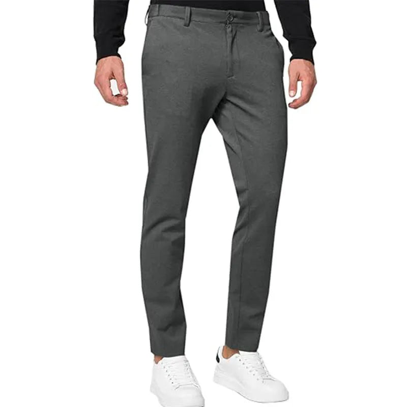 Men's slim-fit tapered chino trousers in a stretch cotton blend fabric, shown in army green colour.
