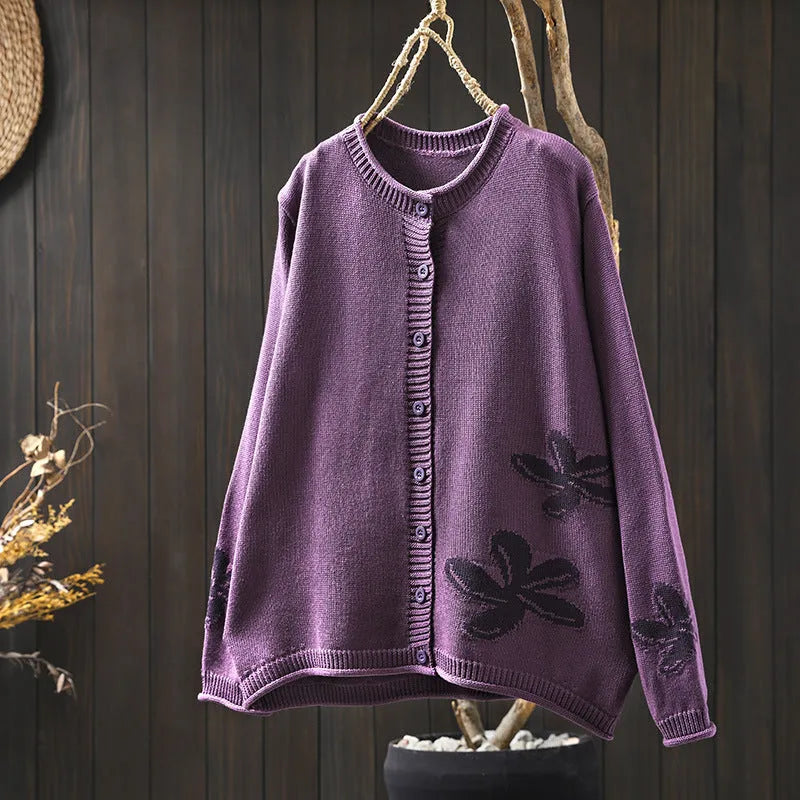 Women's loose retro flower contrasting knit cardigan with button front in khaki, showing long sleeves and floral pattern