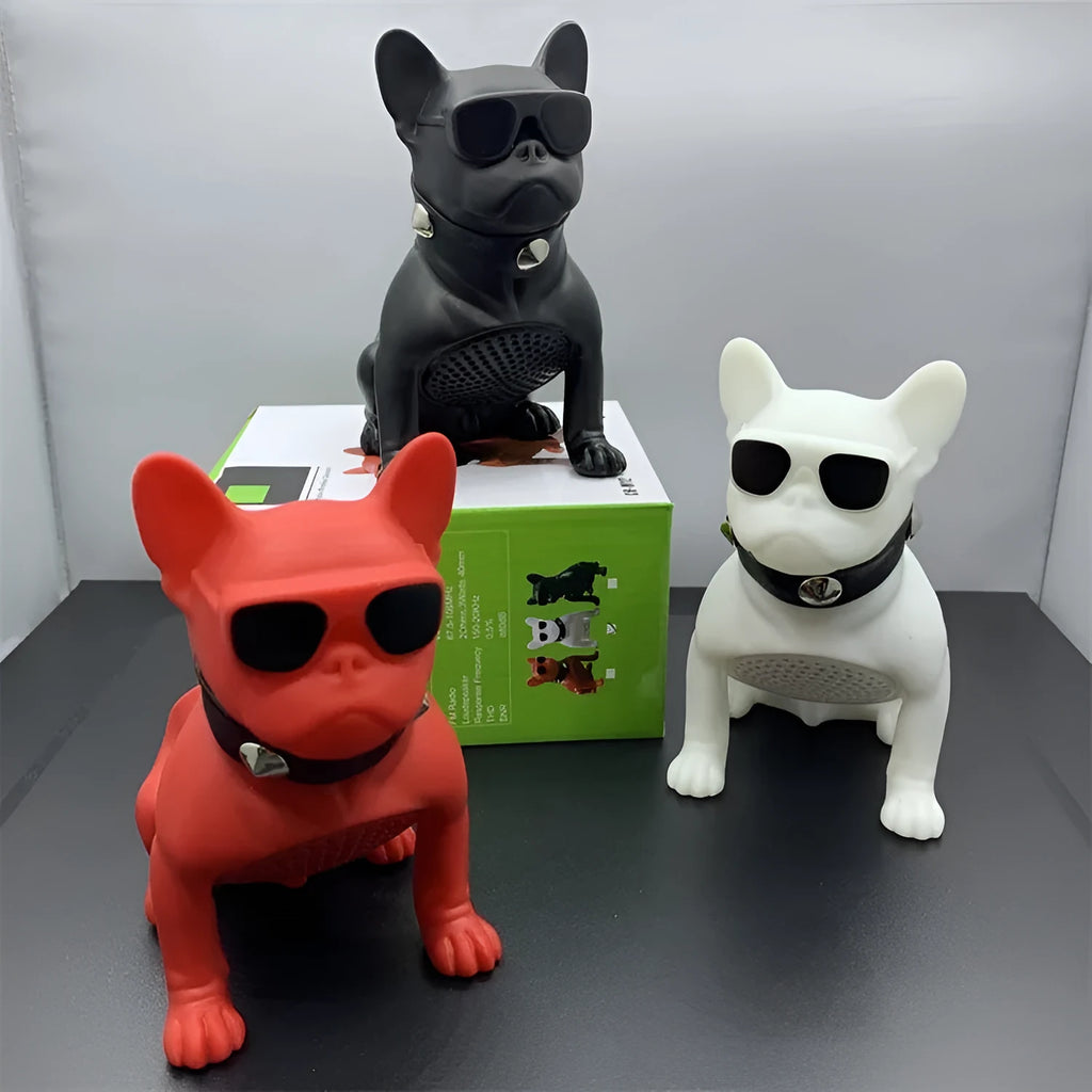 Mini Full Body Bulldog shaped Bluetooth speaker in black, red, or white colour options.