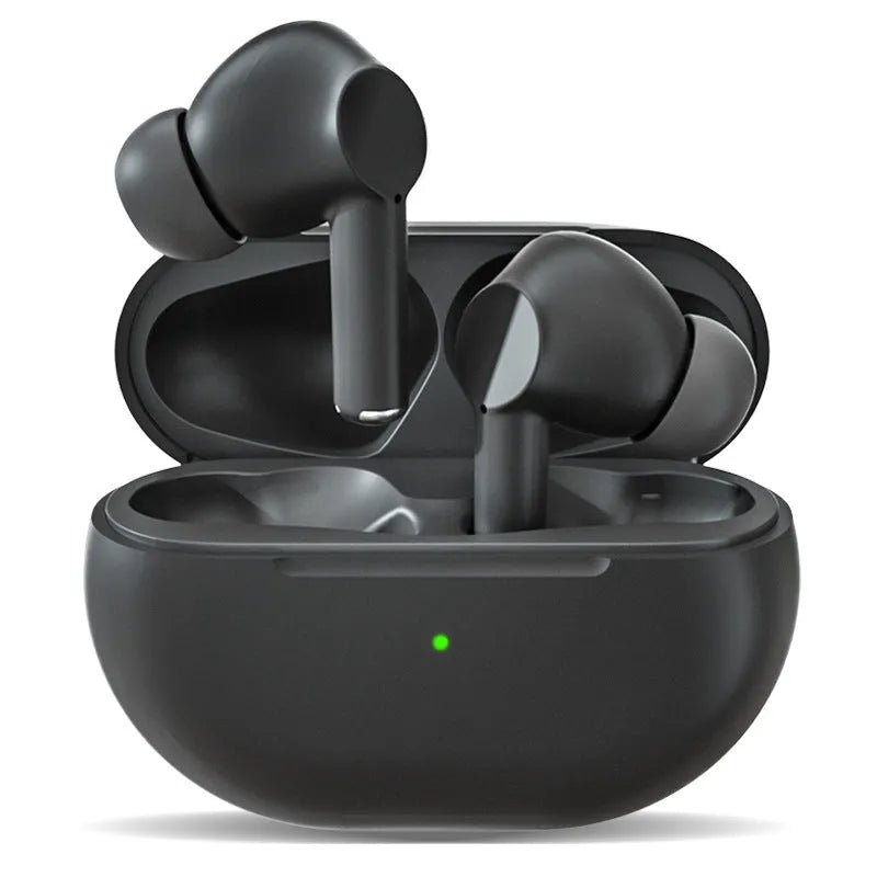 Black Pro4 wireless Bluetooth earbuds and compact charging case on a white background.