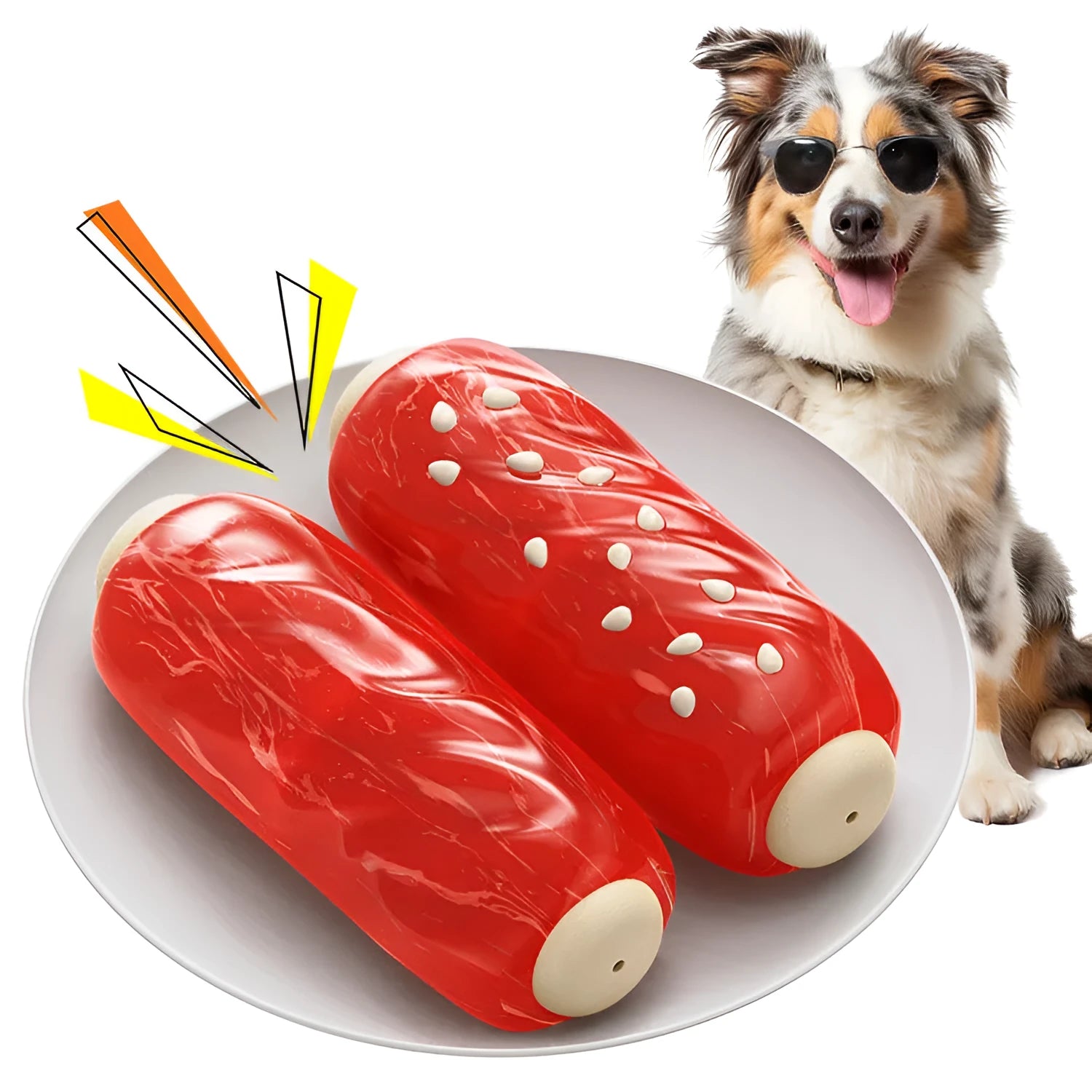 Primary colour plastic dog chew toy shaped like a large textured molar rod or toothbrush.