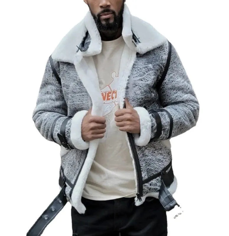 Men's off-white polyester jacket with large fur collar, zipper closure, loose fit in grey colour