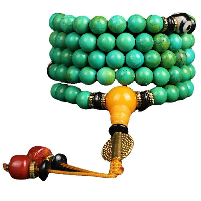 Natural turquoise beaded bracelet with 108 polished 8mm round beads in a national style.