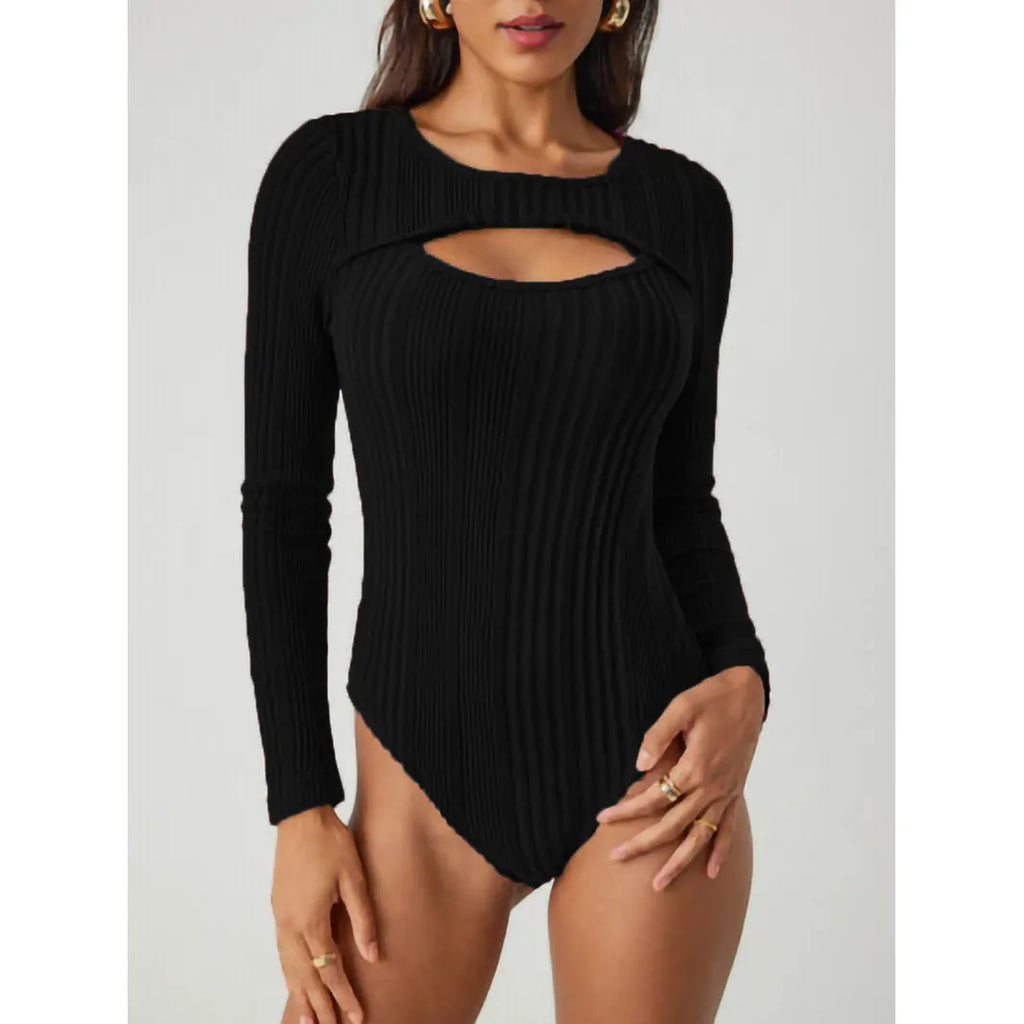Sunken stripe hollow-out slim-fit one-piece T-shirt top in wine red, high waist, long sleeves