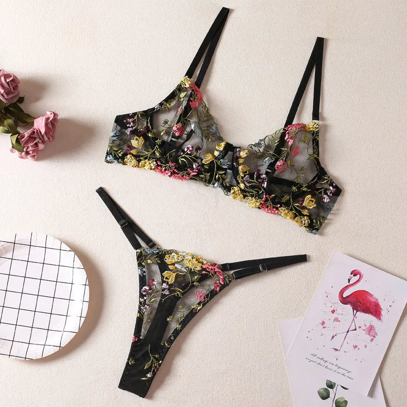 Floral mesh bra and T-back underwear set with steel ring detailing in skin colour option