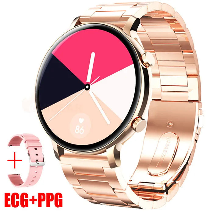 Silver stainless steel smartwatch with black screen showing heart rate data on a genuine leather strap.