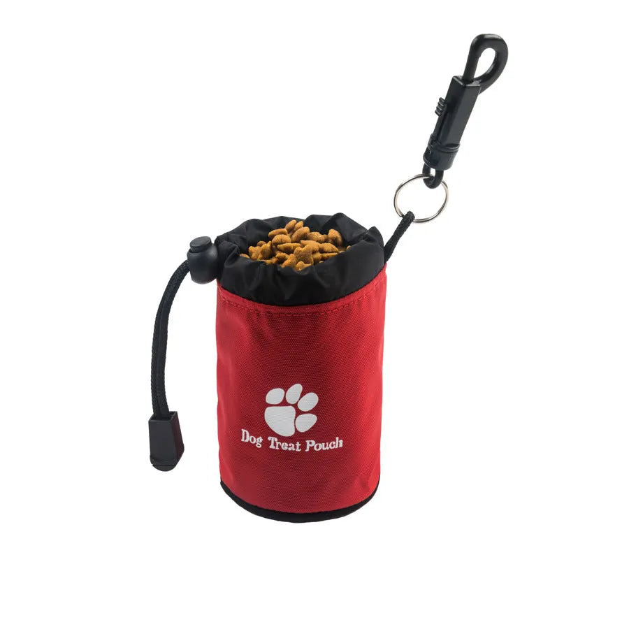 Mini nylon pet training snack bag for dog treats in solid colour options of red, green, black, or blue.
