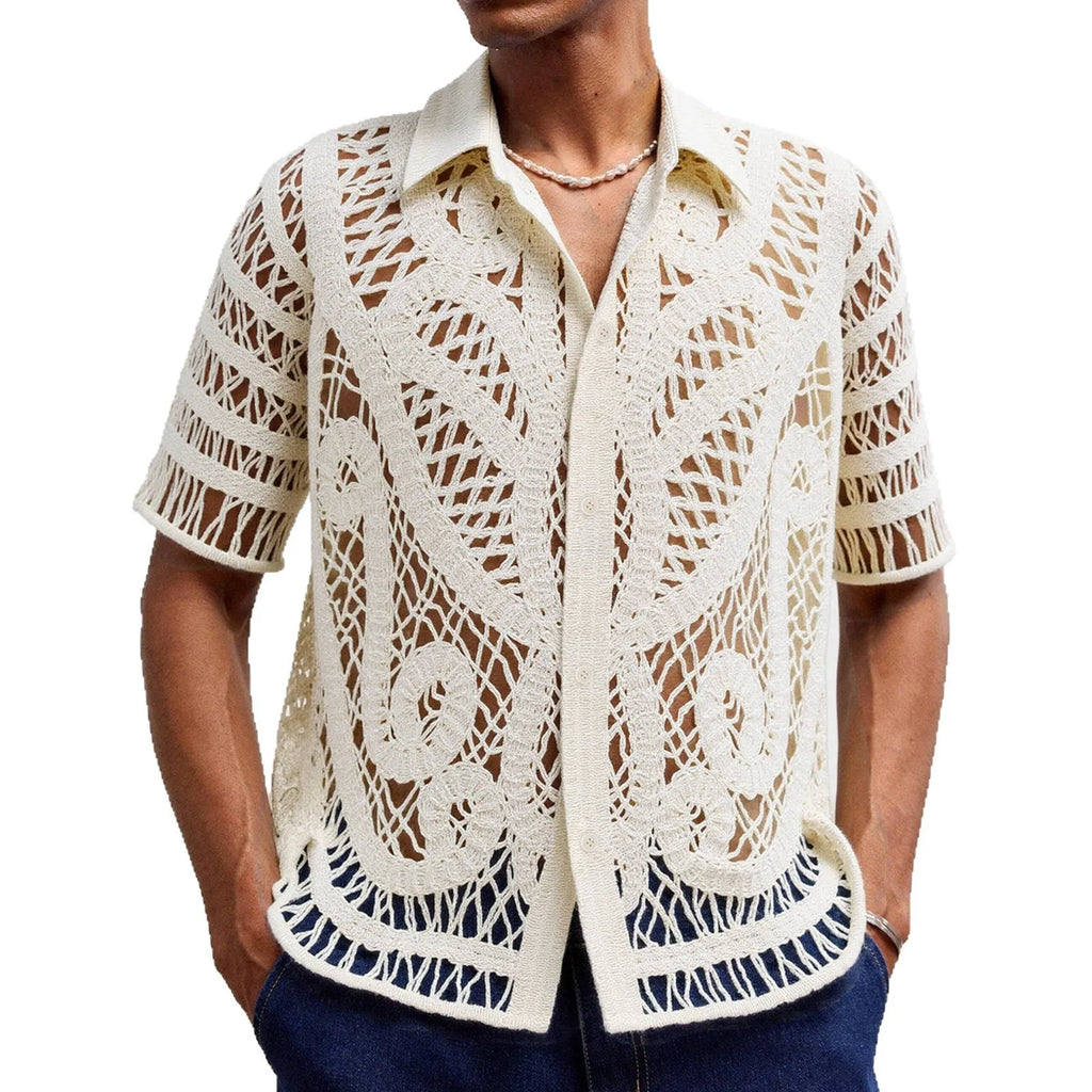 Men's hollow sweater short sleeved crochet cardigan polo shirt in apricot acrylic knit on a hanger front view