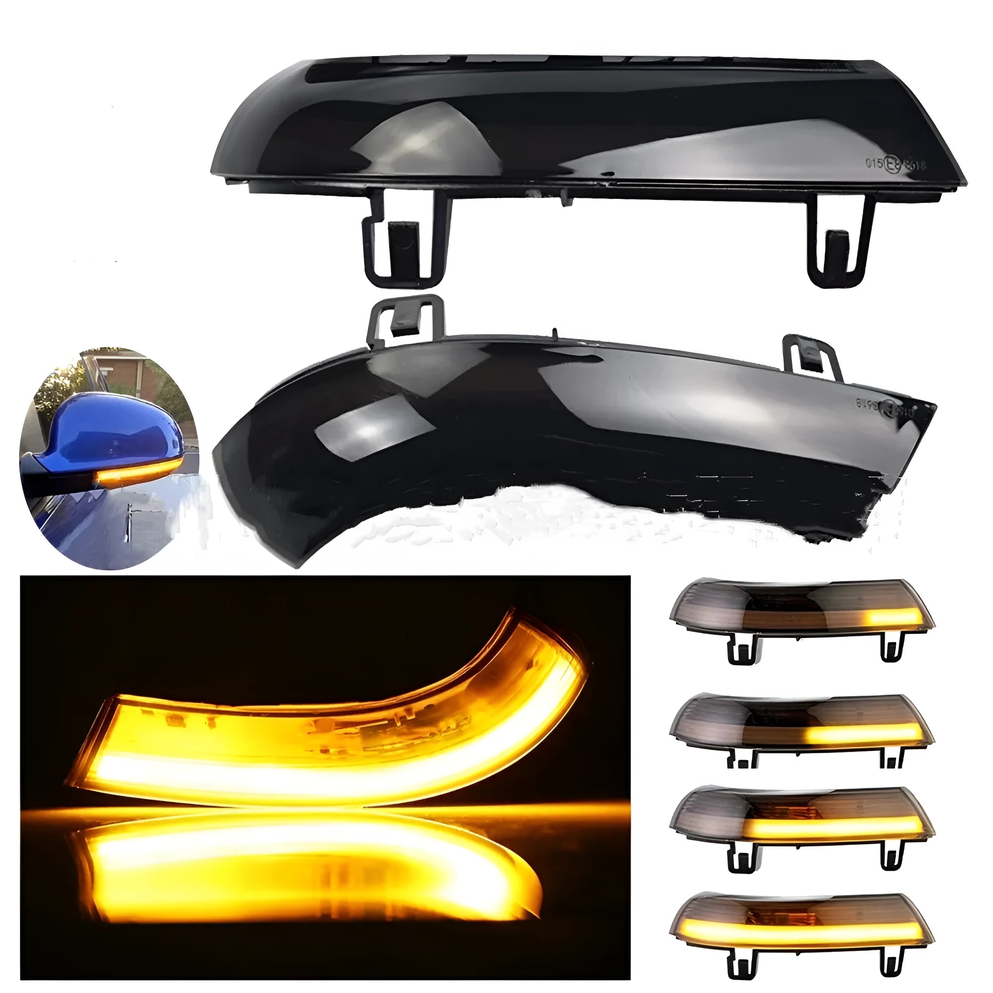 Volkswagen Golf MK5 front end with dynamic sequential amber and blue turn signal lights illuminated.