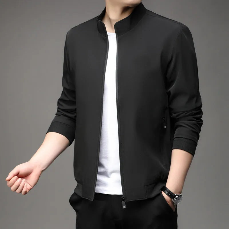 Korean style loose fit men's autumn jacket in black, shown with zip front and pockets