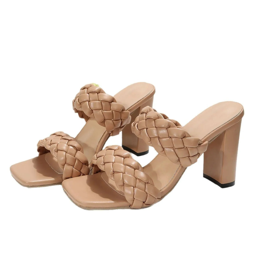 Square toe chunky heel flip-flops with woven twisted upper in white colour