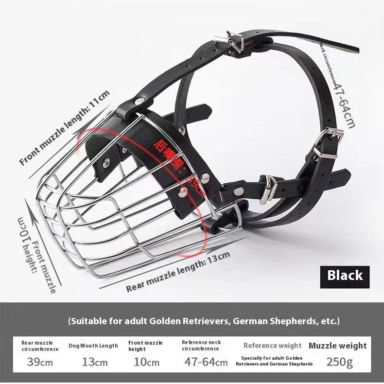 Black metal dog muzzle designed for golden retriever and German shepherd breeds.