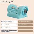 Blue-green portable cervical spine massage pillow showing compact dimensions