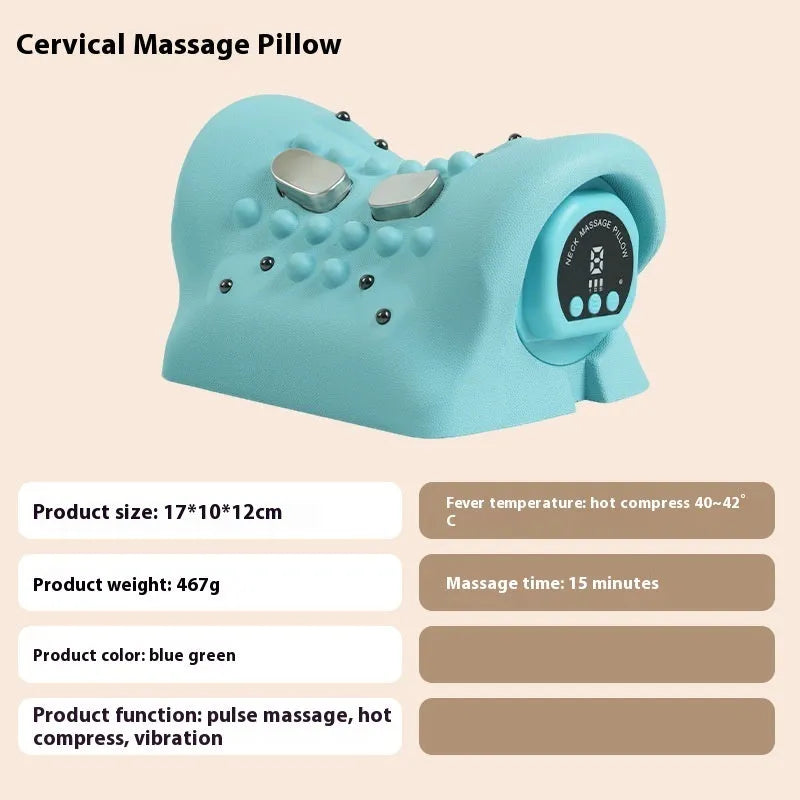 Blue-green portable cervical spine massage pillow showing compact dimensions