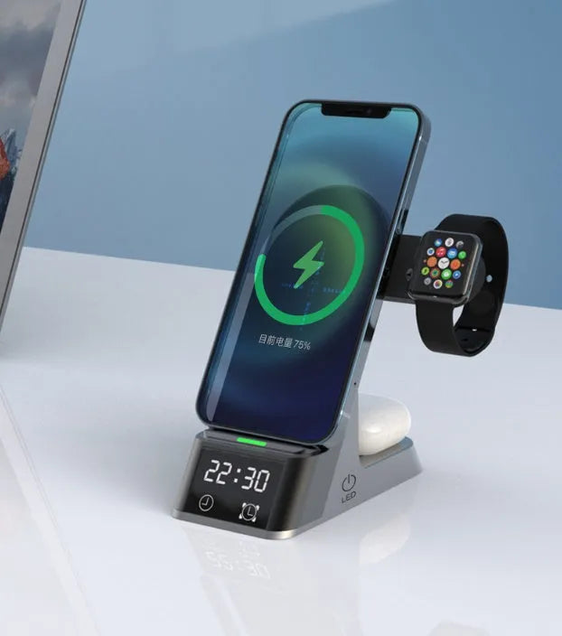 Black six-in-one wireless charging alarm clock station with digital display charging smartphone and Apple Watch