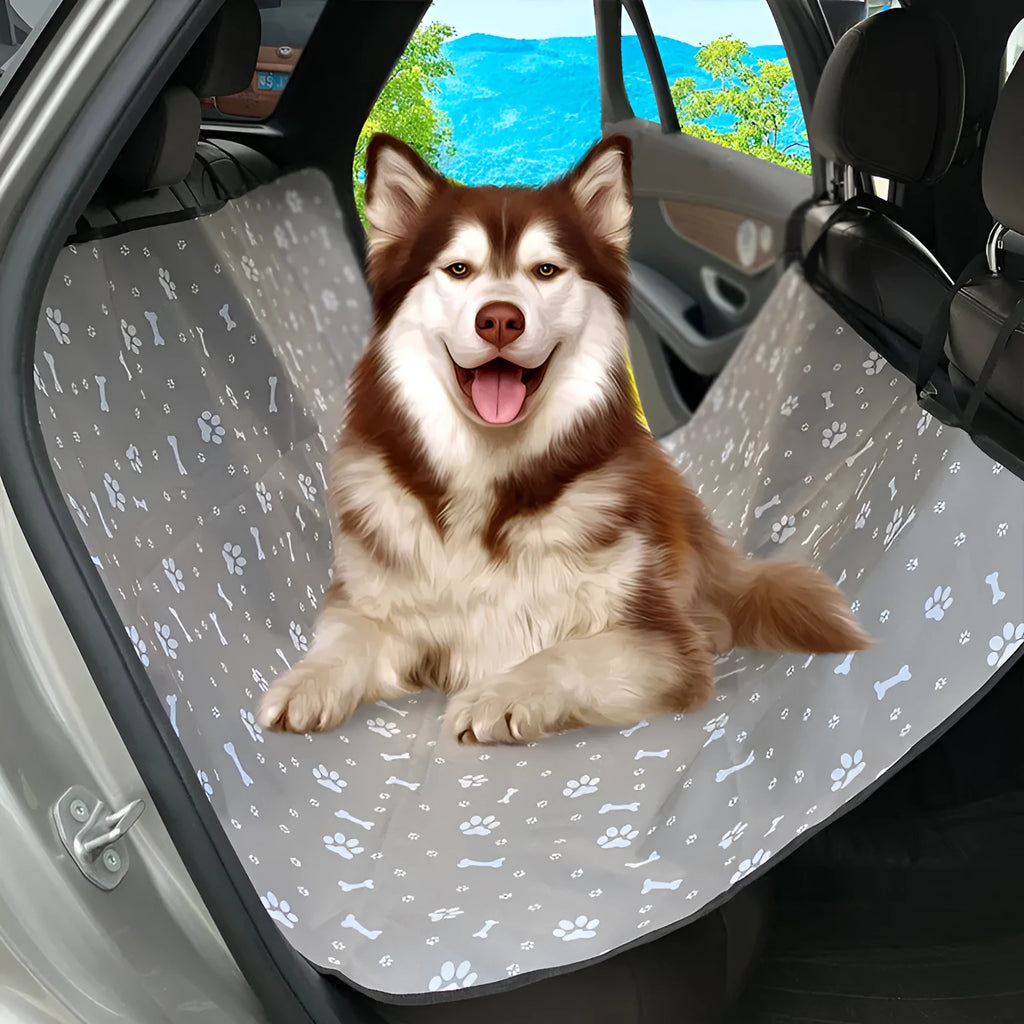 Cloth car pet mat for rear seat protection in multiple colours and dog-themed prints.