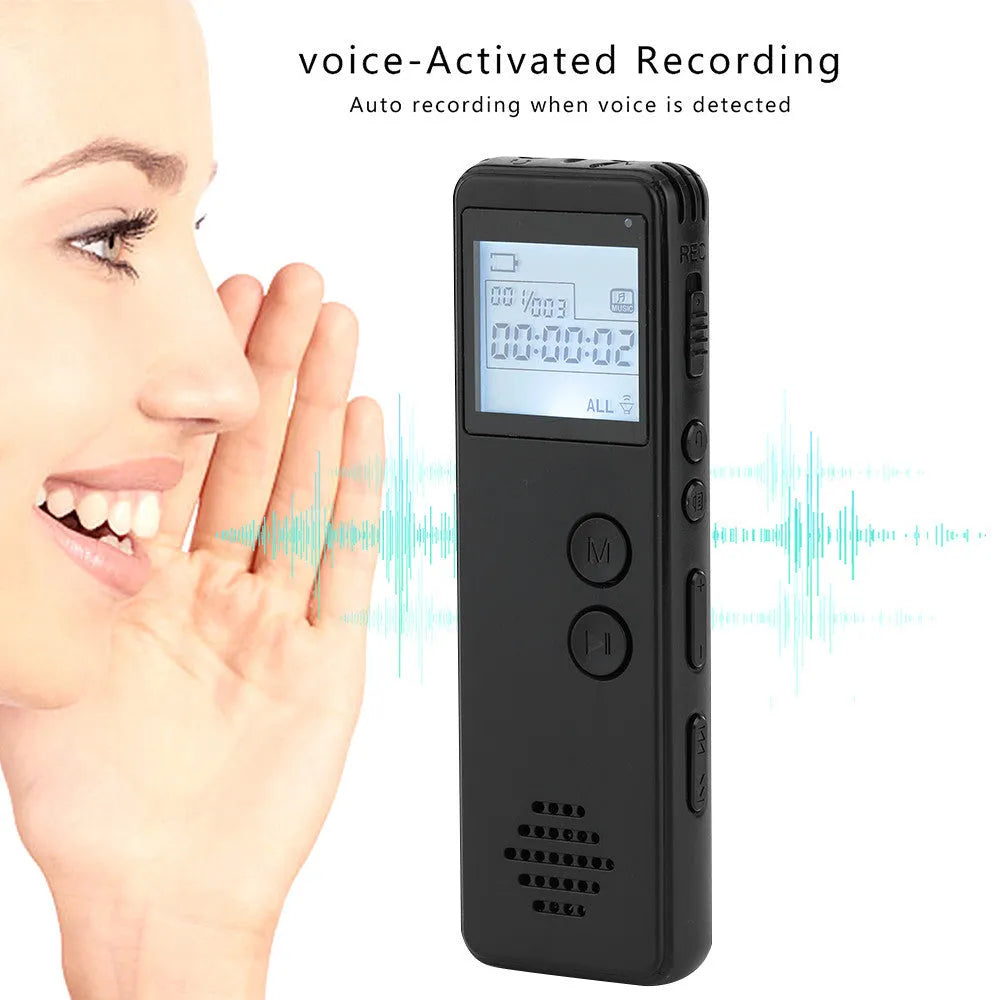 Black matte MP3 digital voice recorder showing screen and buttons, measuring 88mm long.