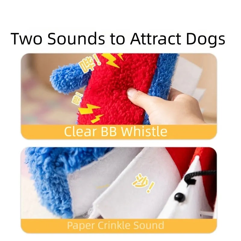 Accordion-shaped dog squeak toy in blue and white for interactive play and stress relief