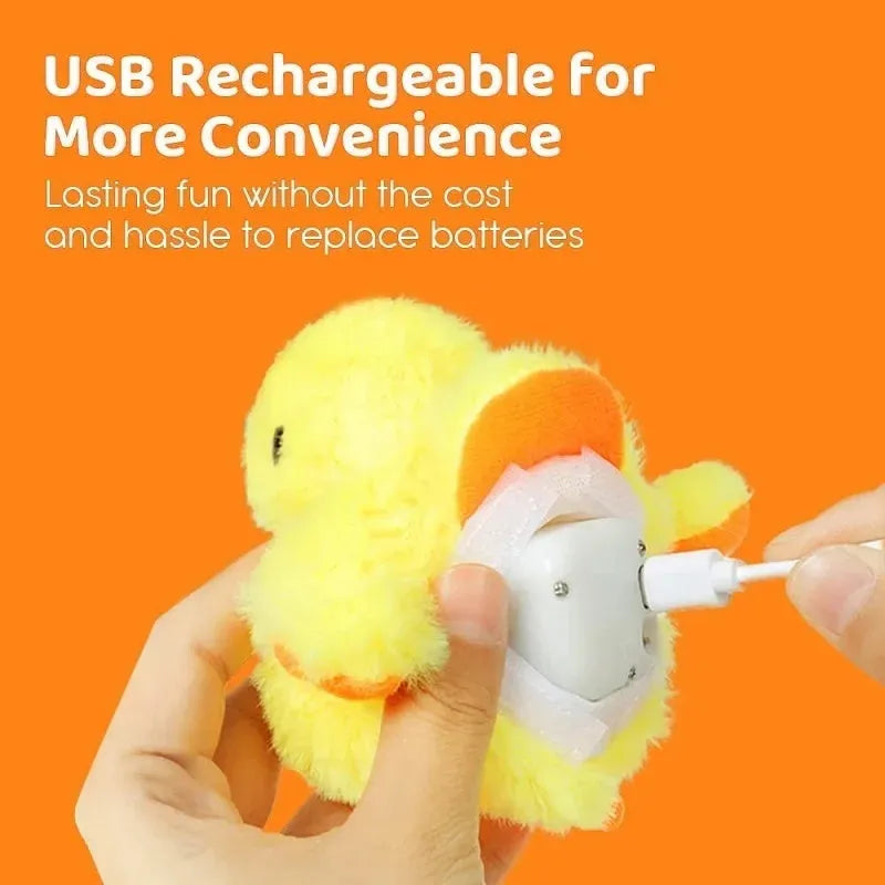 Yellow flapping duck cat toy with soft plush exterior, shown with a USB charging cable.