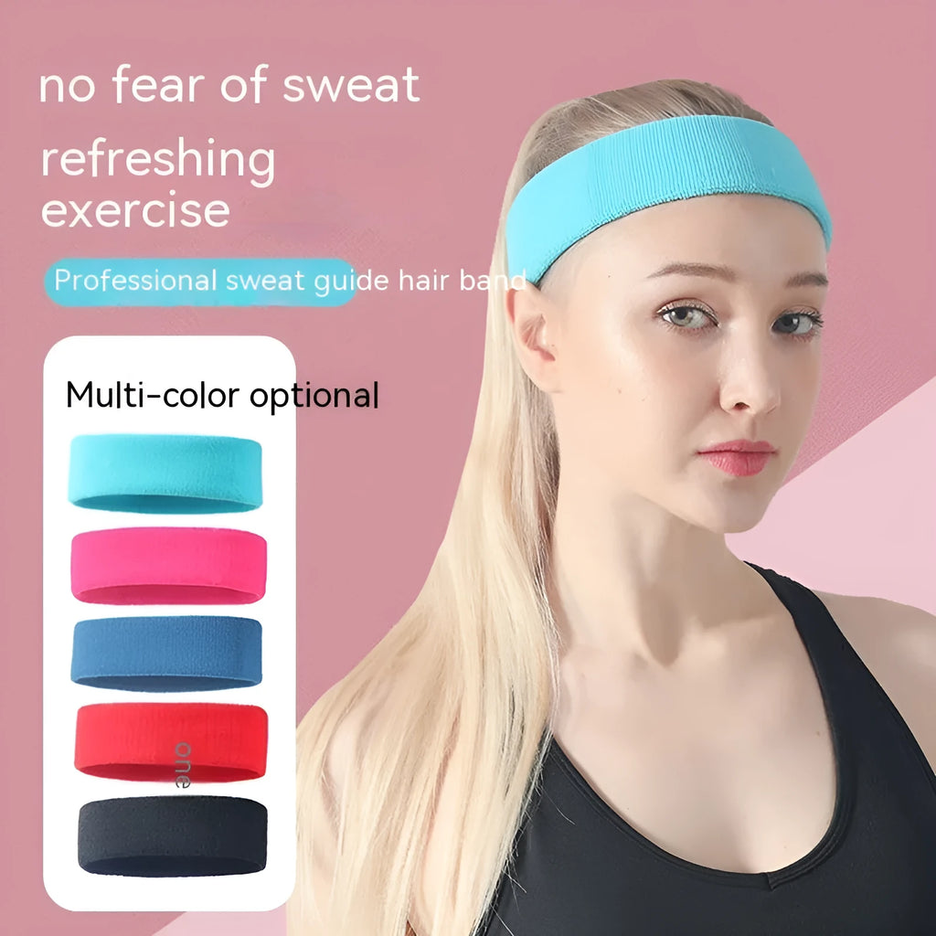 Elastic solid colour sports anti-sweat headband in blue on a white background.