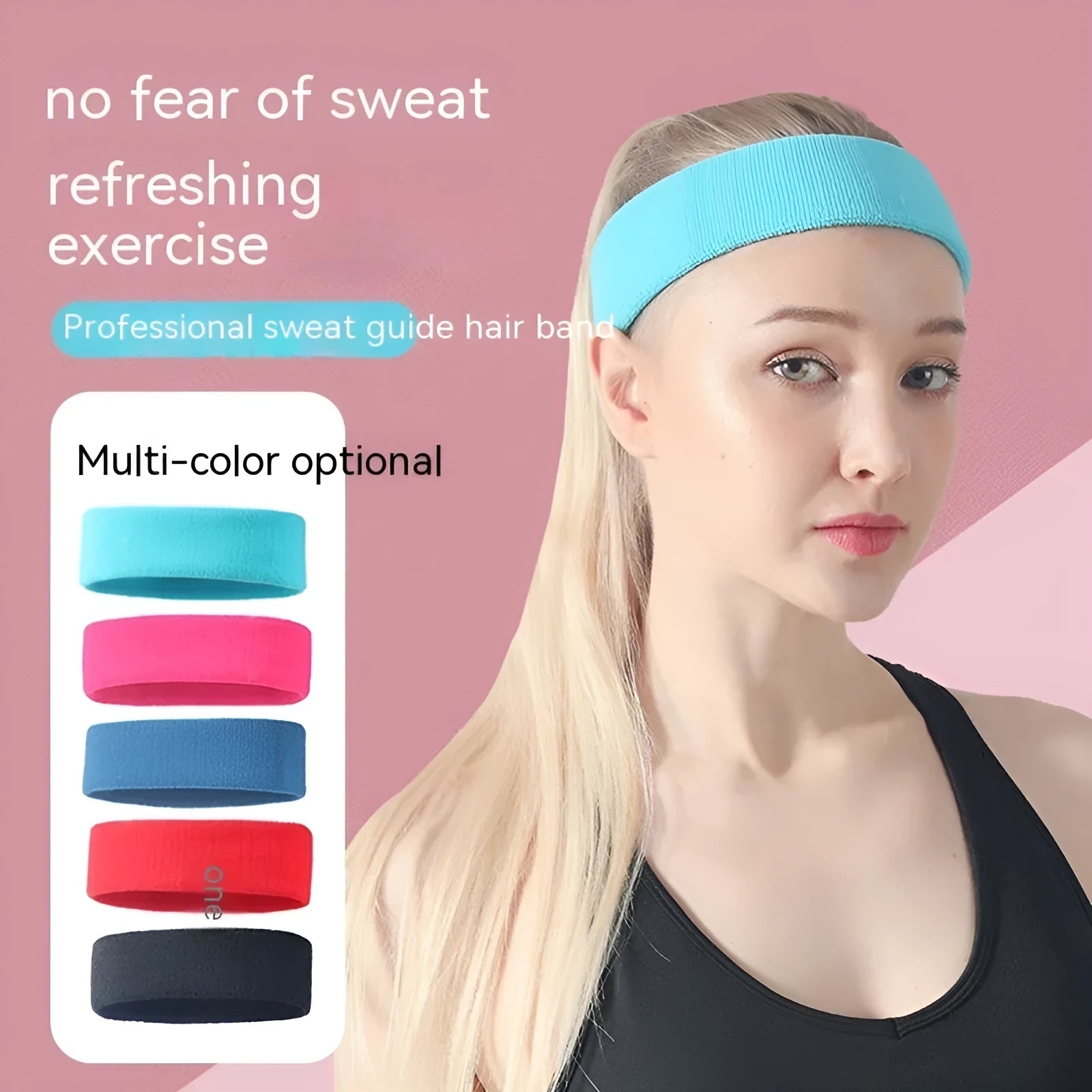 Elastic solid colour sports anti-sweat headband in blue on a white background.