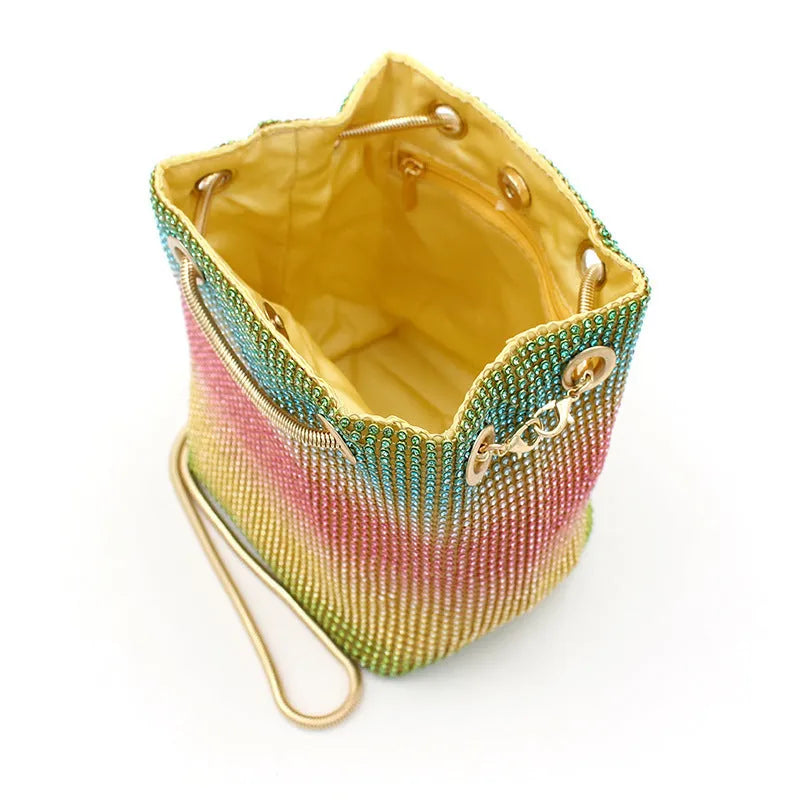 Rainbow rhinestone bucket handbag with glittering multicolour sparkle and crossbody strap