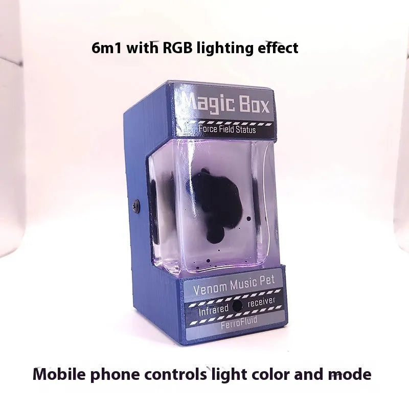 Magnetic fluid music visualisation light with black fluid and white LED, wooden shell, 95x60x63mm