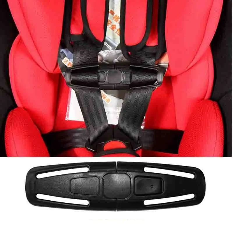 Black nylon seat belt buckle clip for 5-point child car seat harnesses, measuring 14.5cm long.