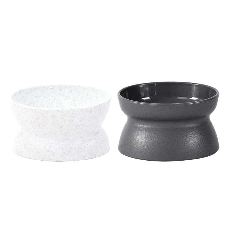 Grey elevated cat bowl with pedestal design, oval shape, on a light background