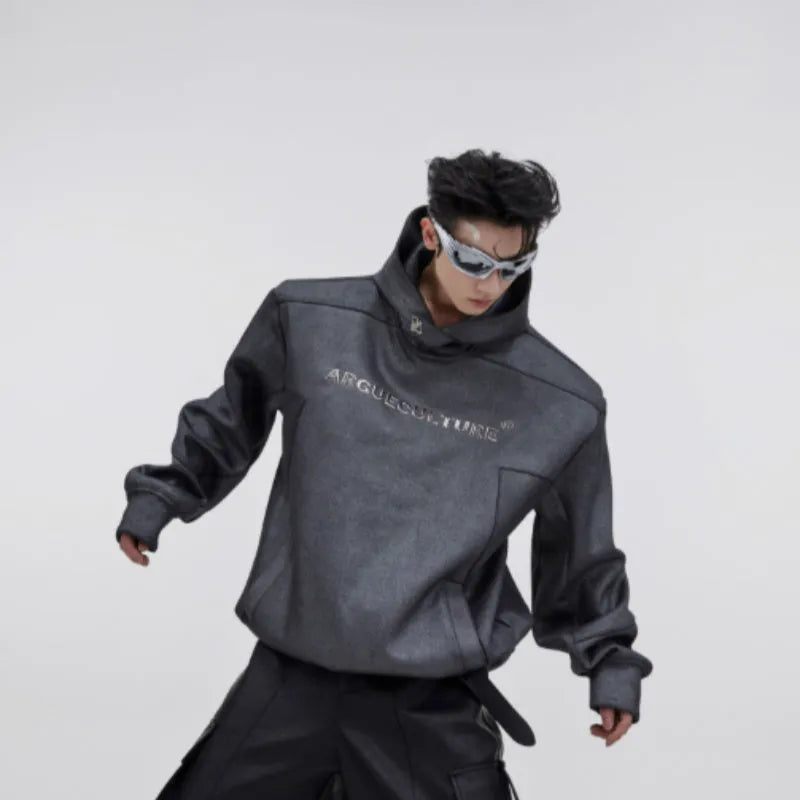 Men's red loose fit hooded sweater with heavy shoulder pads and metallic 3D printing detail.