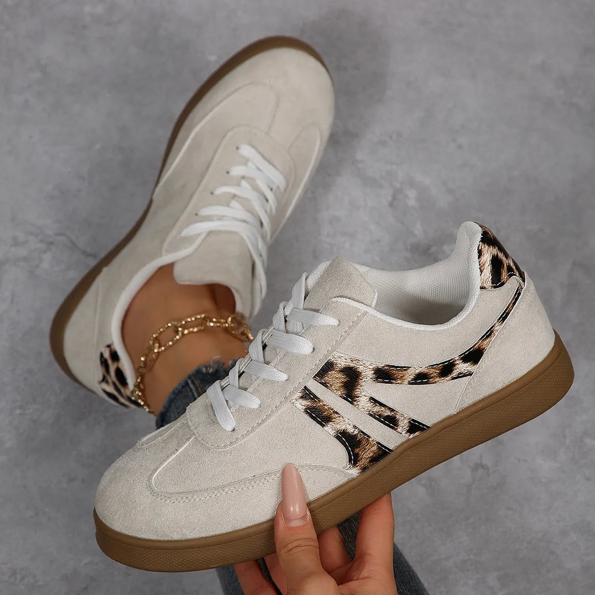 Women's vintage leopard print board shoes with PU upper, flat heel, and round toe in beige and black colours
