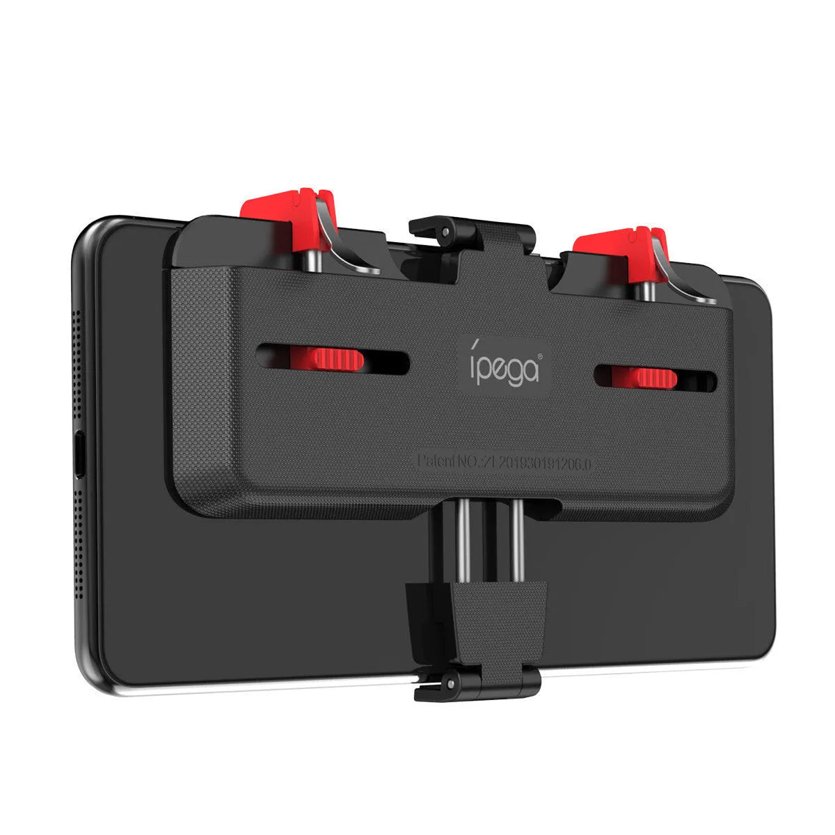 Black mobile phone gaming trigger bracket showing adjustable metal trigger and telescopic phone clamp.