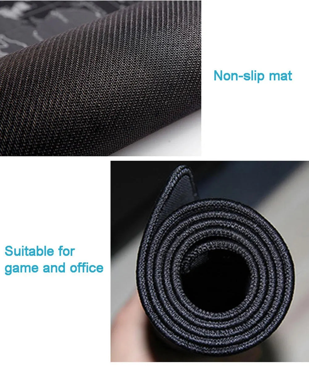 Custom cartoon design extended desk mouse mat with keyboard and mouse on non-slip rubber base.