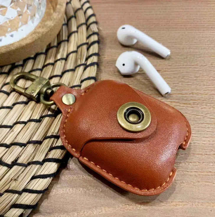 Leather earphone cover holster for Apple AirPods, clamshell design, solid colour brown