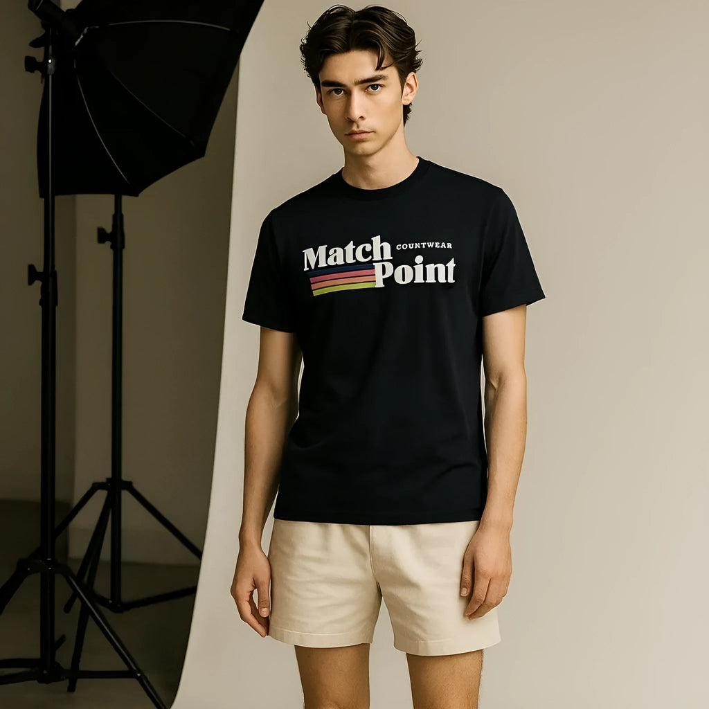 Black men's t-shirt with a large white 3D digital printed text pattern on the front.