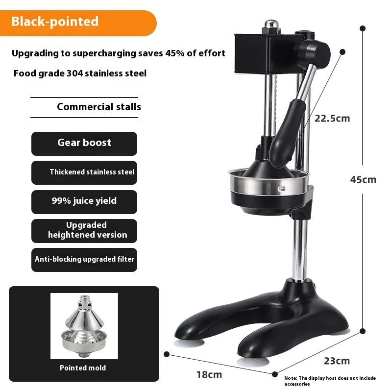Vertical stainless steel manual juicer with zinc alloy frame in multiple colour options