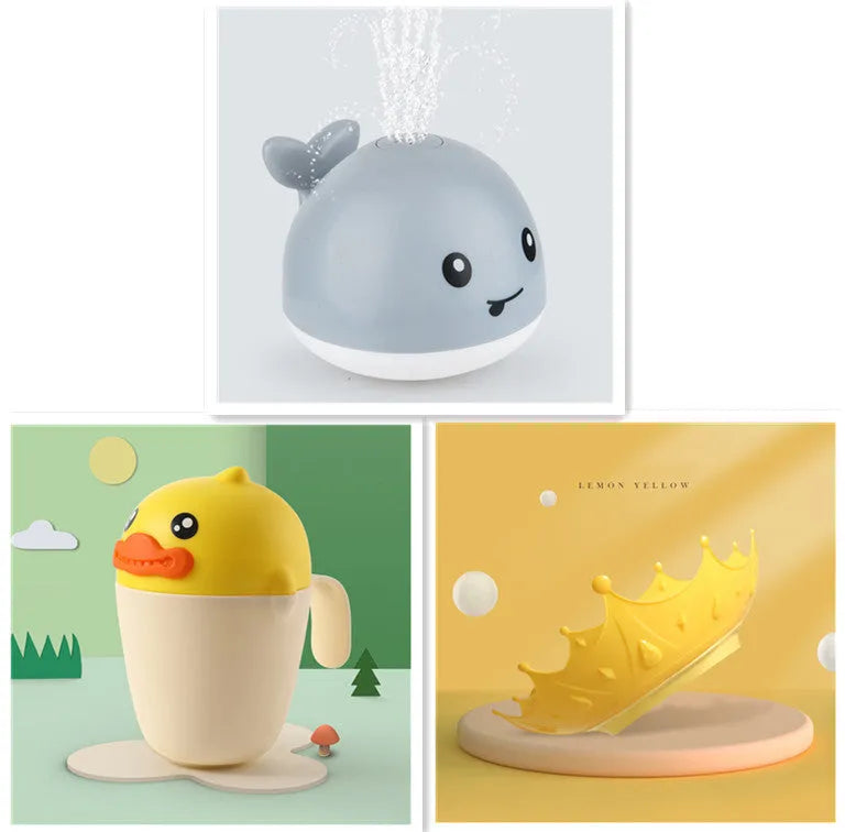 Automatic water-sensing whale bath toy with spray, lights, and music functions for baby bath time