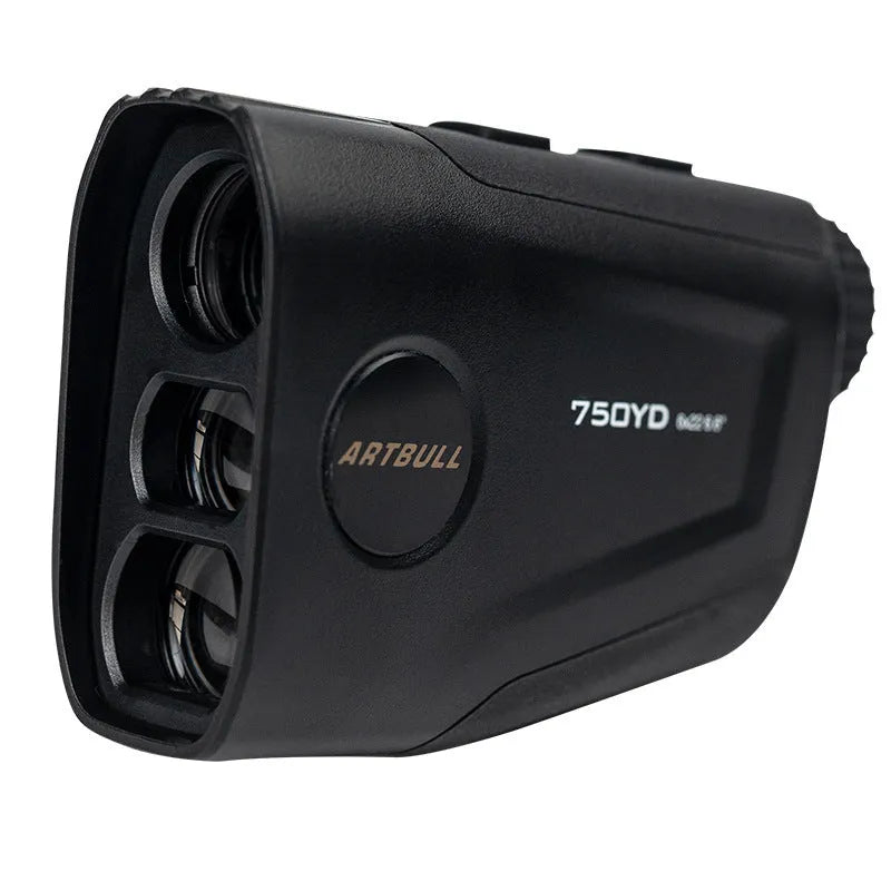 Golf laser rangefinder with LCD display showing distance measurement, featuring flag lock and slope compensation functions