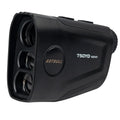 Golf laser rangefinder with LCD display showing distance measurement, featuring flag lock and slope compensation functions