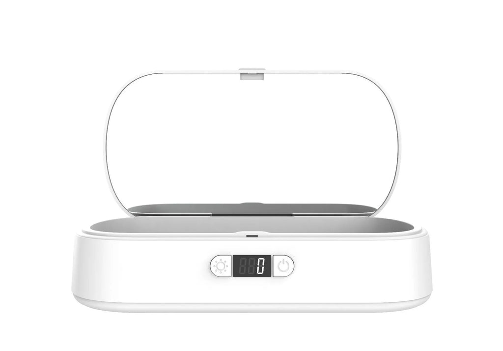 White ABS plastic UV steriliser box with wireless charging pad for phones and personal items