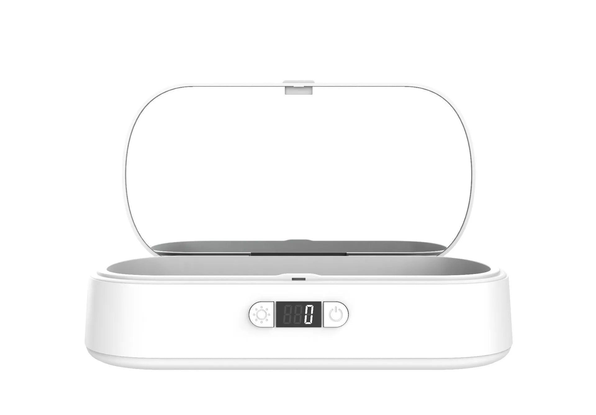 White ABS plastic UV steriliser box with wireless charging pad for phones and personal items
