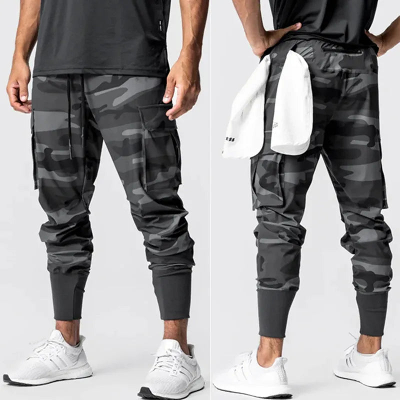 Men's loose woven fitness leggings in camouflage, moisture wicking nylon lining, available in multiple sizes