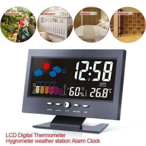 Multi-function large screen perpetual calendar clock with time, date, temperature, world time, alarm, and voice-activated backlight in Black