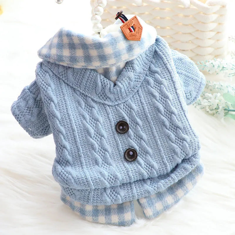 Blue wool plaid dog sweater with fleece lining shown in medium size on mannequin