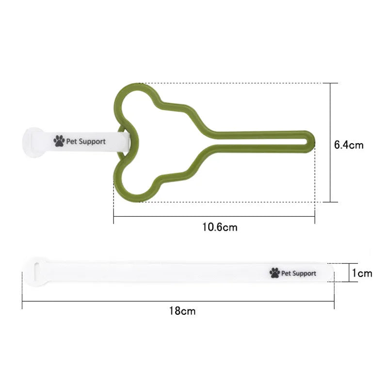 A coloured hands-free dog poop bag holder with a fixed clip and velcro strap attached to a dog leash.