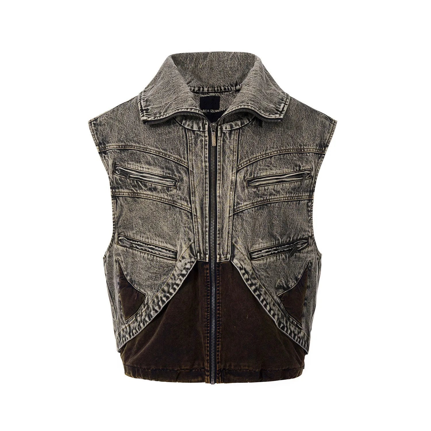 Men's blue denim vest with splicing design and zip front closure