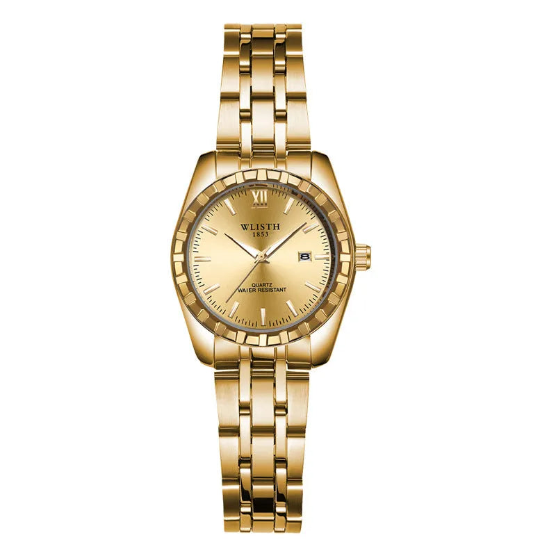 Couple watch with steel band, 28mm dial, luminous hands, calendar, and 30-metre water resistance in silver finish.