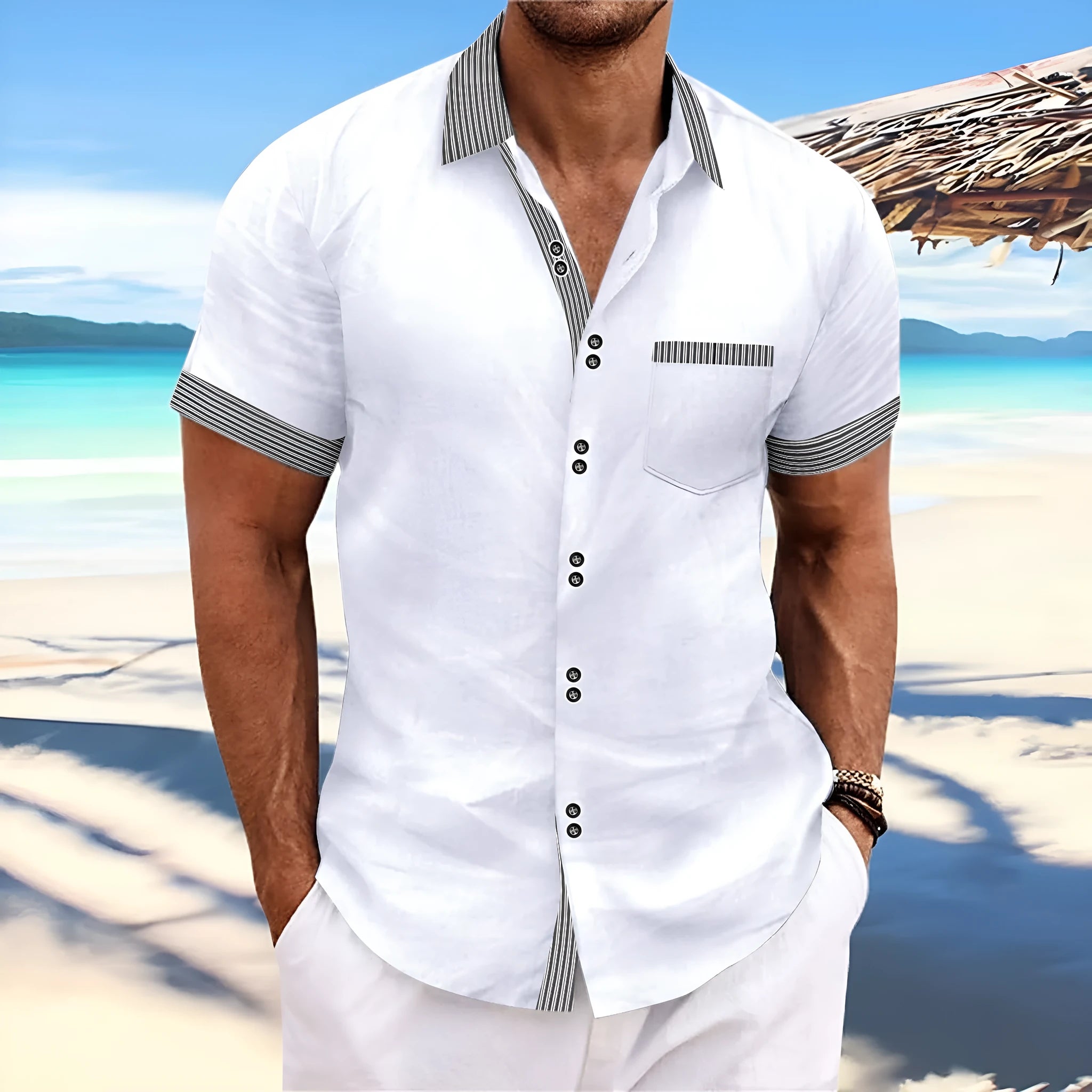Men's pure cotton striped slim fit casual shirt with double-button short sleeves in light blue colour