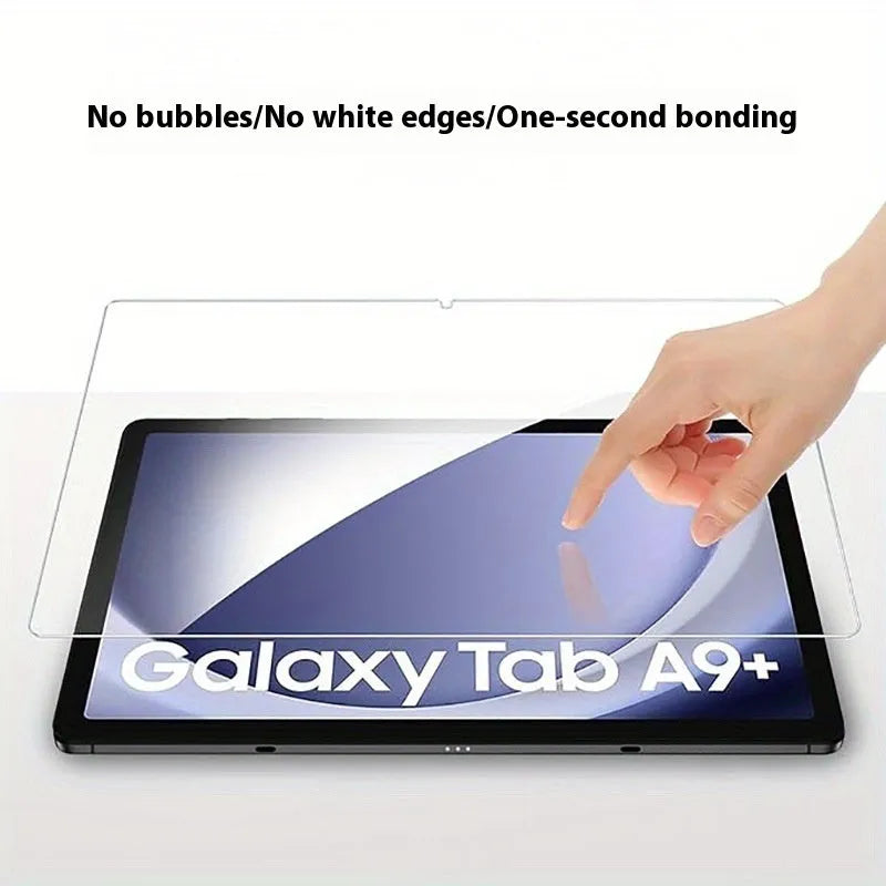 Tempered glass screen protector for Samsung Galaxy tablet with anti-fingerprint coating.