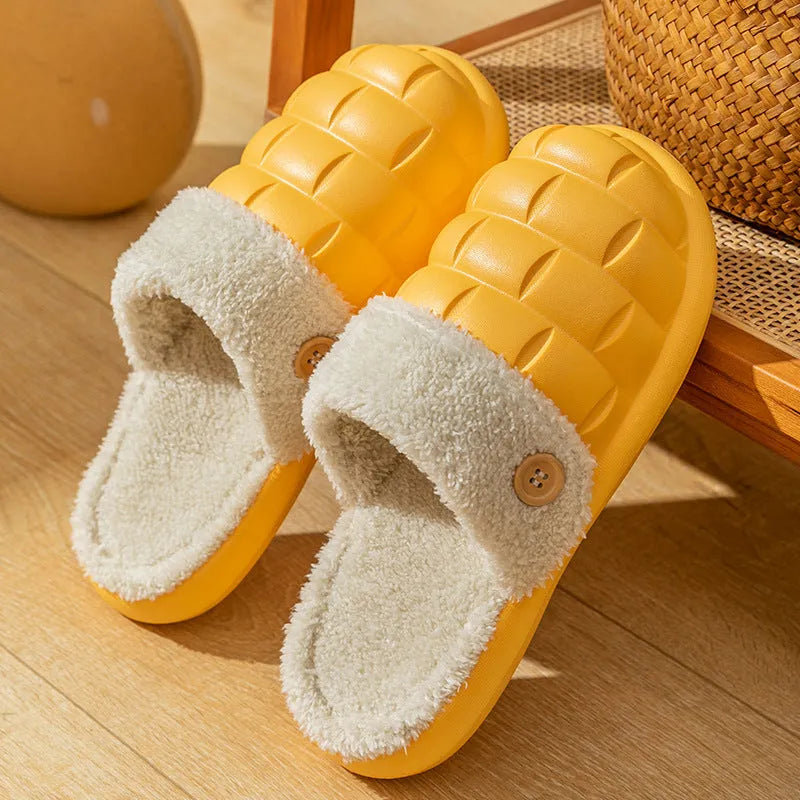 Plaid pattern detachable slippers with EVA sole and plush lining, shown in pink colour.